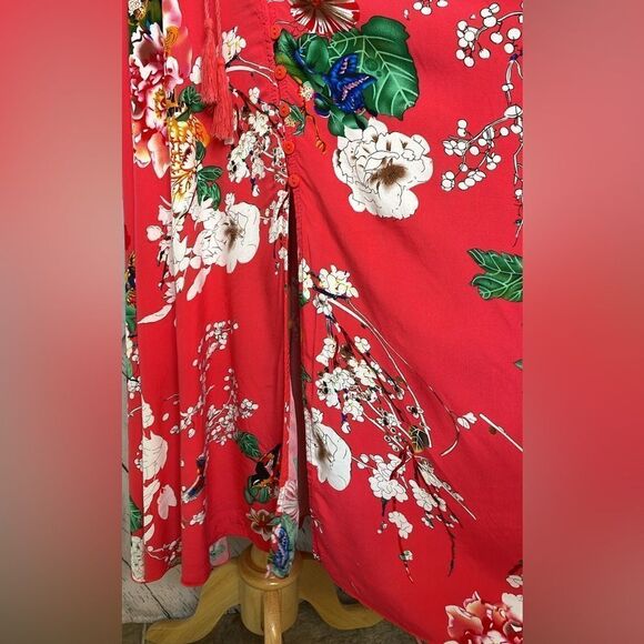 Floral Button Up Maxi Dress Red Elastic Waist L - Picture 7 of 8